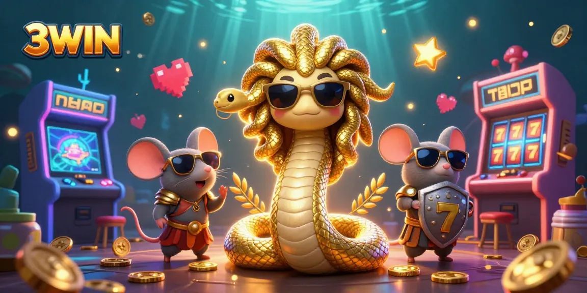 Experience thrilling gameplay with 3WIN in a vibrant casino illustration featuring friendly, imaginative characters.