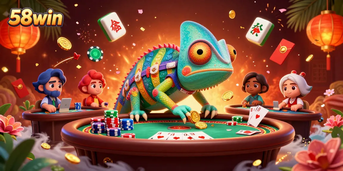 Engaging scene of 58win with a cartoon chameleon casino owner at a bustling poker table, showcasing vibrant game elements.