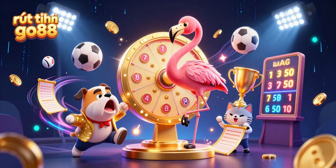 Experience a vibrant and dynamic scene showcasing rút tiền go88 with game show characters, sports elements, and thrilling prizes.