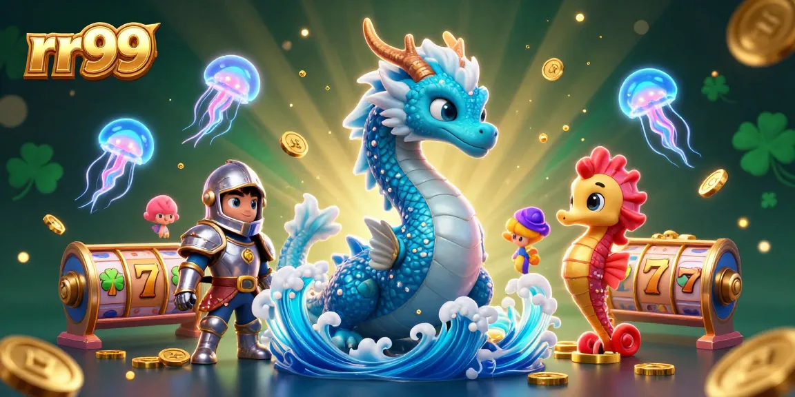 Engage with rr99's thrilling slot experience featuring a majestic water dragon and colorful slot reels.