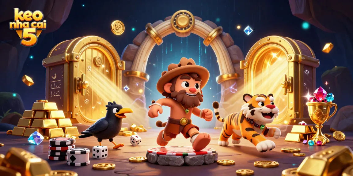 Experience the thrill of keo nha cai 5 as cavemen and a sabertooth run a vibrant casino filled with treasures.