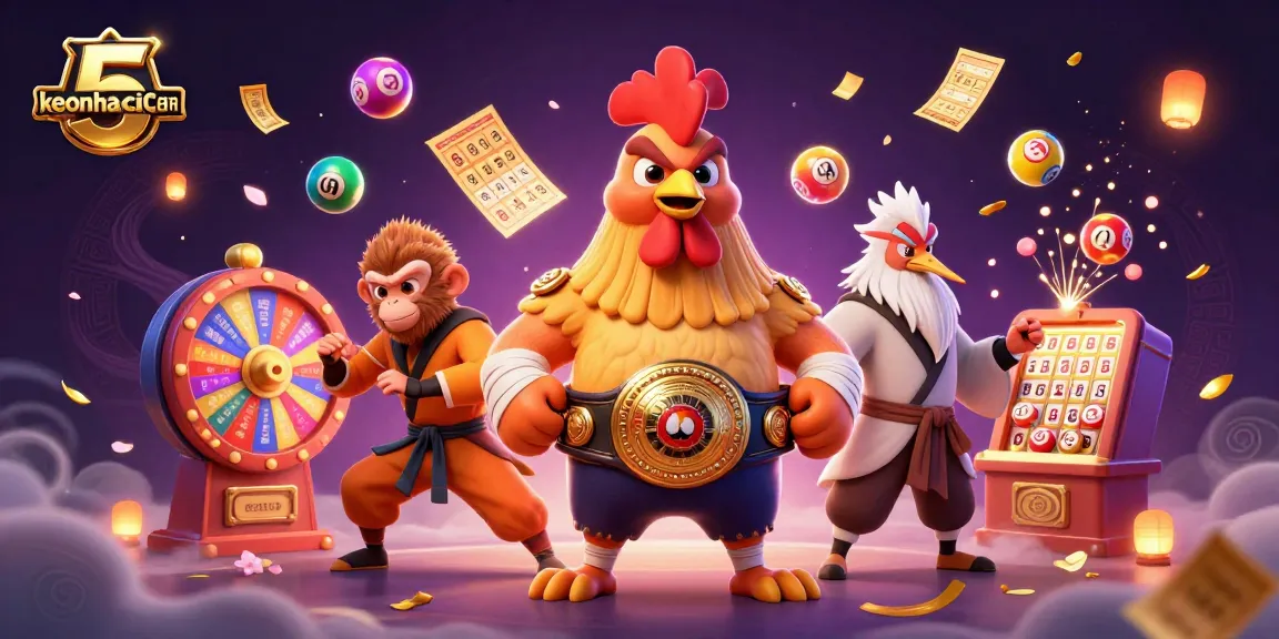 Experience thrilling action with keonhacai.com 5 featuring a dynamic scene of cartoon characters and gambling elements.