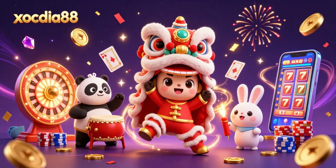 xocdia88 showcases a vibrant golden coin explosion in a festive casino scene featuring a lion dance, panda, and rabbit.