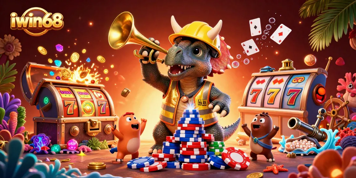 Experience excitement at iwin68 with a fun-filled illustration of a triceratops and friends building poker chips.