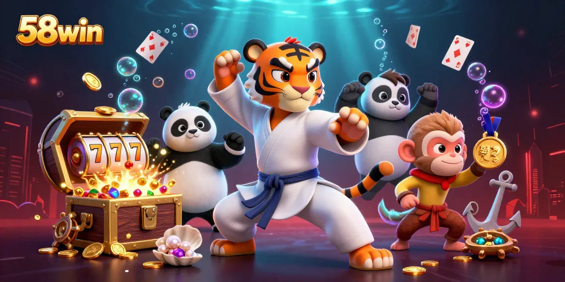 Experience exciting gaming at 58win with a dynamic scene filled with treasure and vibrant casino elements.