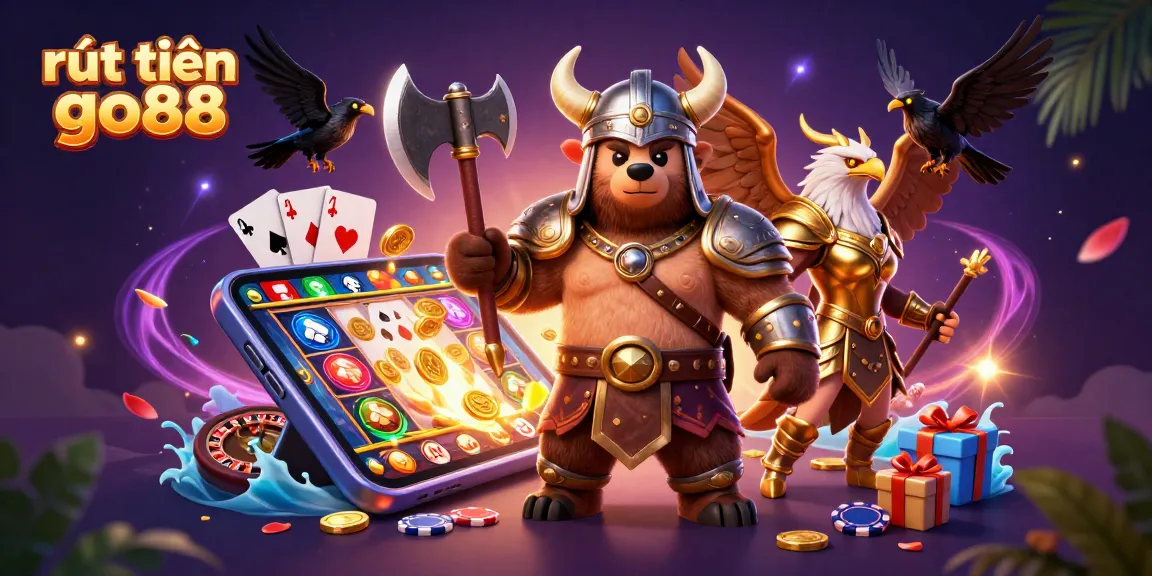 Engage in rút tiền go88 with this vibrant 3D illustration showcasing a Viking bear, Valkyrie eagle, and exciting casino elements.