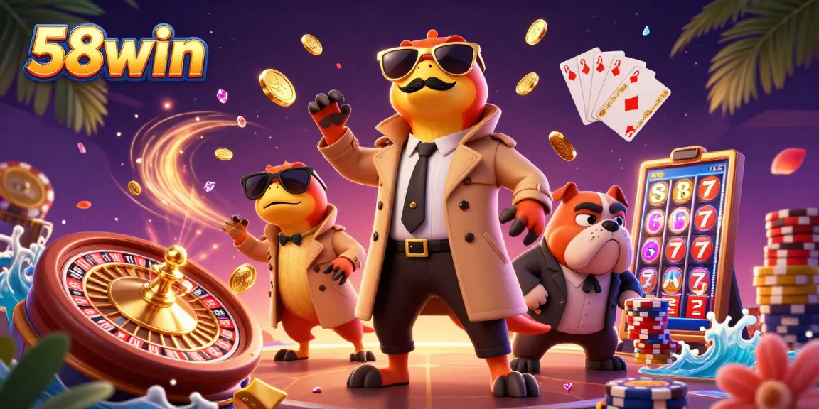 Win big at 58win with a thrilling casino experience featuring playful raptors in a trench coat.
