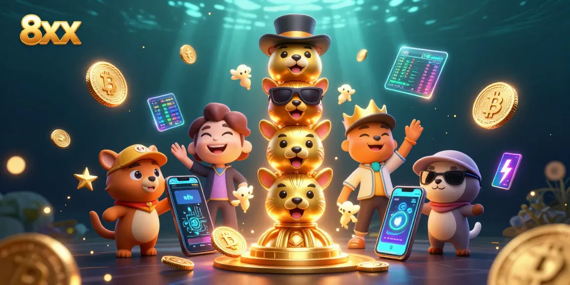 Engage with 8xx casino action in this vibrant 3D illustration featuring a totem pole and crypto elements.