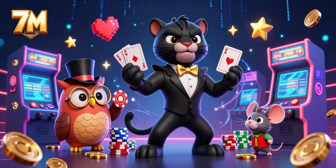 Engage with 7M for thrilling card games in a vibrant casino scene featuring unique characters.