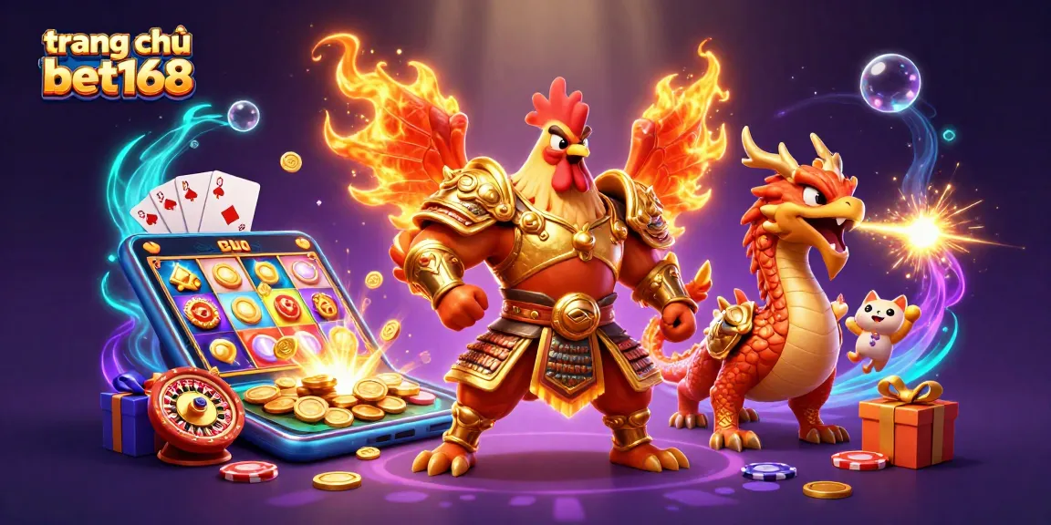 Experience the vibrant energy of trang chủ bet168 with a heroic rooster warrior and dragon hatchling surrounded by dynamic casino elements.