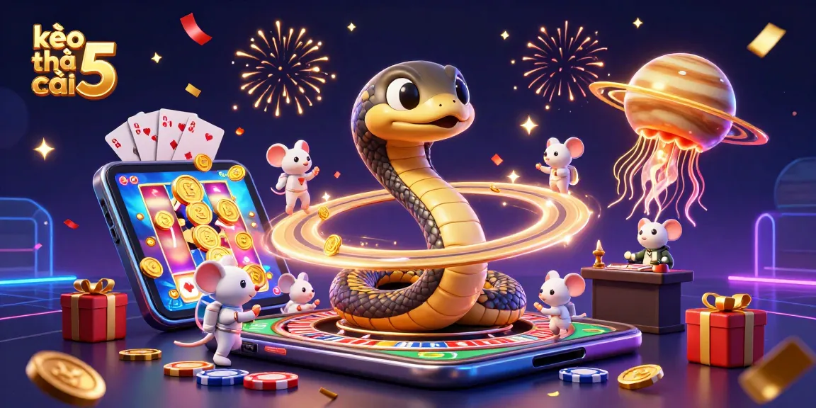 Experience kèo nhà cái 5 with astronaut mice betting on a roulette wheel planet in a vibrant cosmic scene.