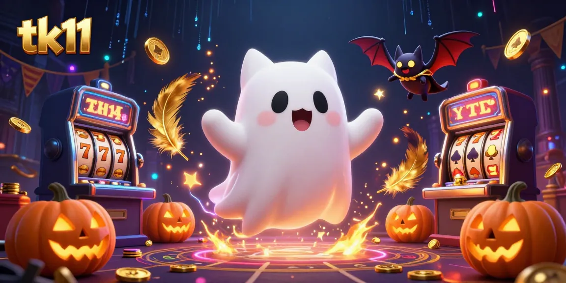 Experience the thrill at tk11 with a ghost cat and vampire bat in a haunted casino.