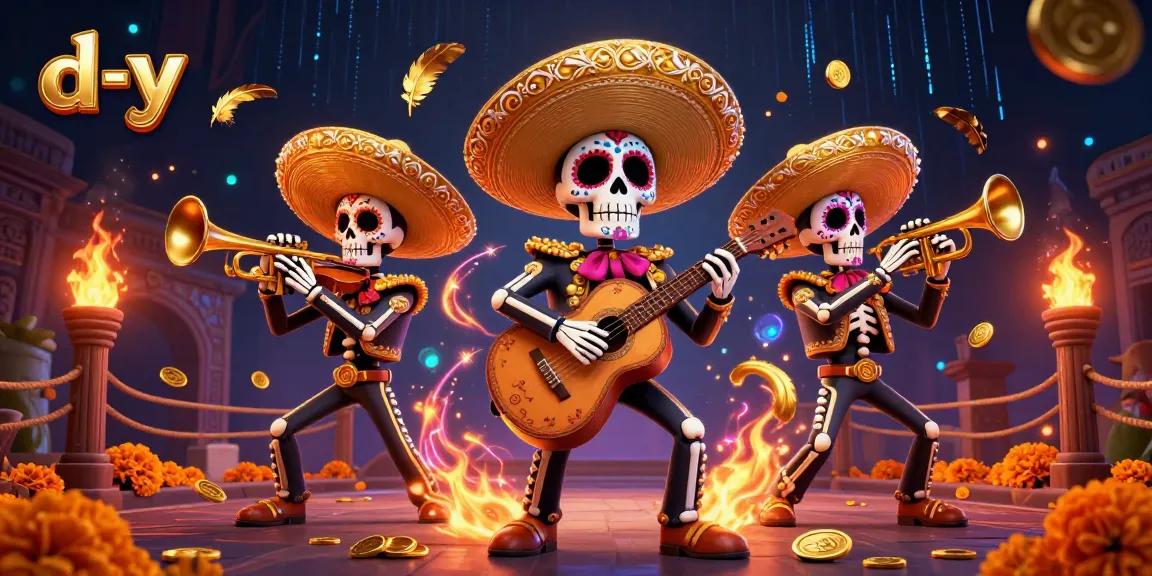 Experience the lively d-y gaming action with vibrant skeleton musicians surrounded by casino elements.