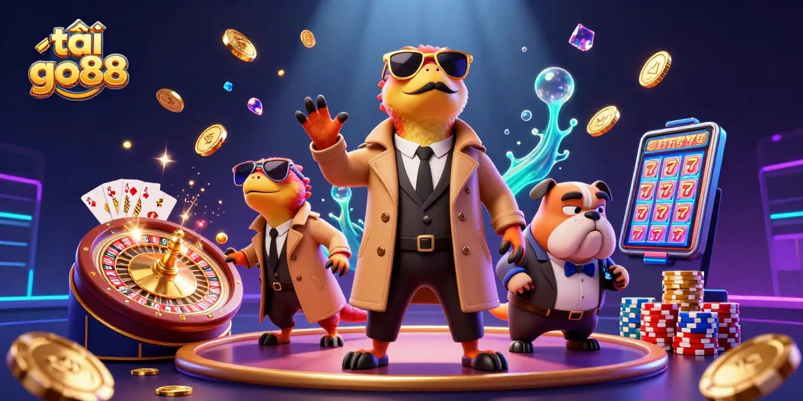 Spin to win at tải go88 with a dynamic casino scene featuring three raptors and a bulldog bouncer.