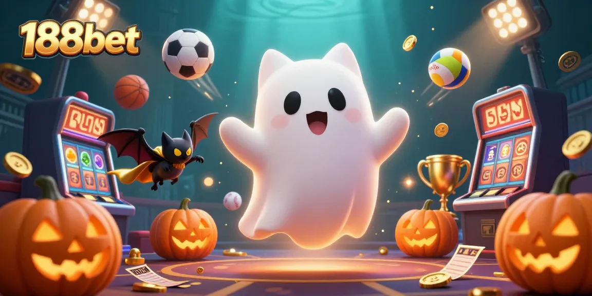Engage in dynamic betting action with 188bet's friendly ghost cat and vampire bat in a haunted casino scene.