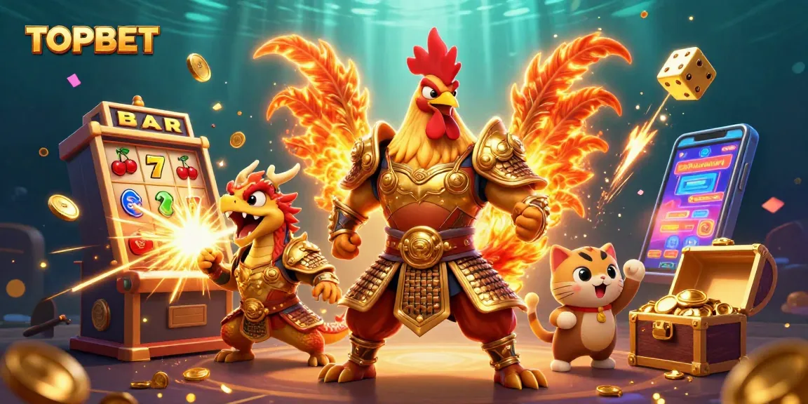 Experience the excitement of TOPBET with a dynamic casino illustration featuring a golden samurai rooster and dragon hatchling.