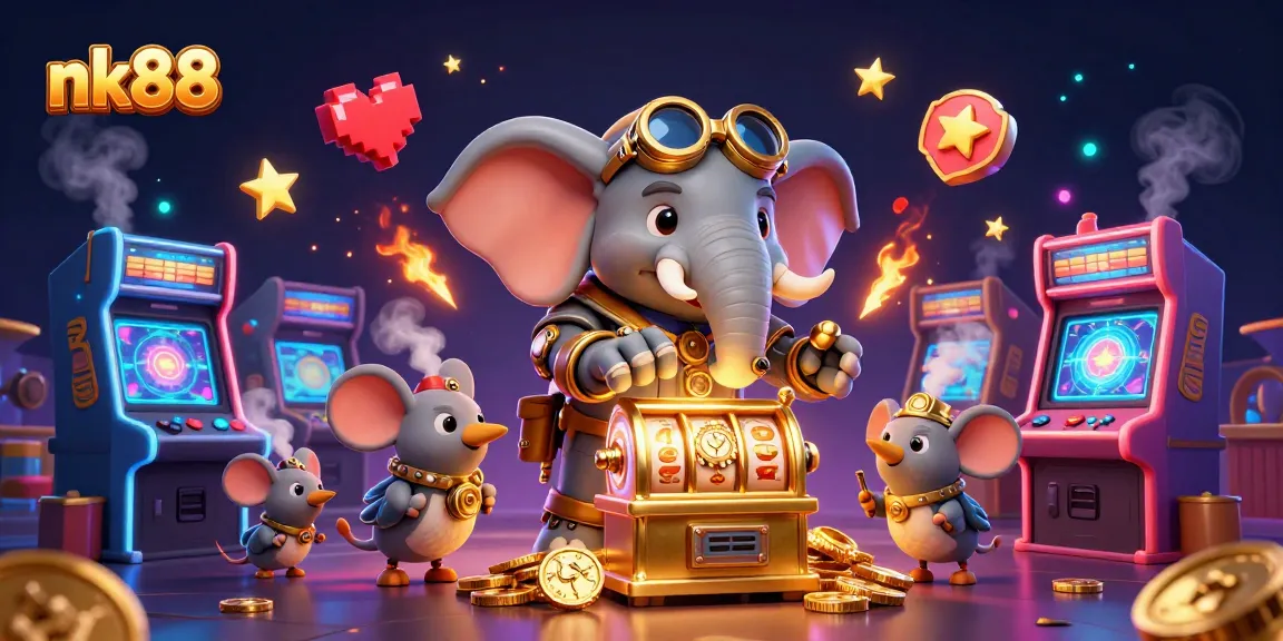 Spin the slot machine with nk88 in a vibrant casino scene featuring steampunk characters.