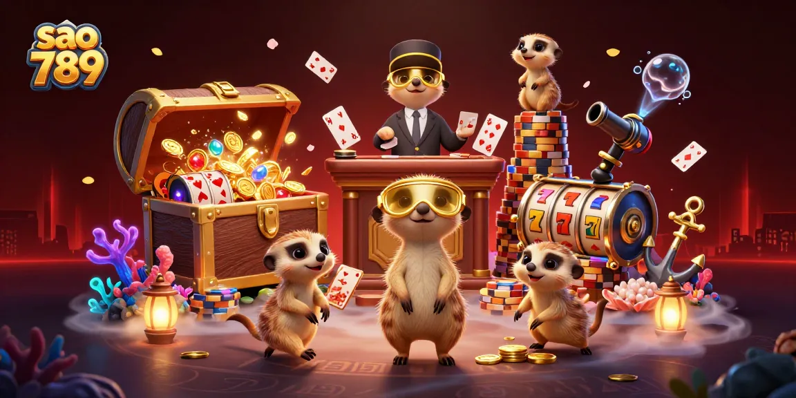 Experience the thrill of winning with sao 789’s vibrant casino scene featuring playful meerkats and dynamic gaming elements.