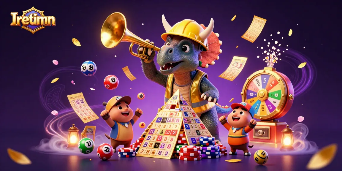 Iretimn thrills as a triceratops builds poker chip pyramids amidst vibrant lottery elements, celebrating wins.