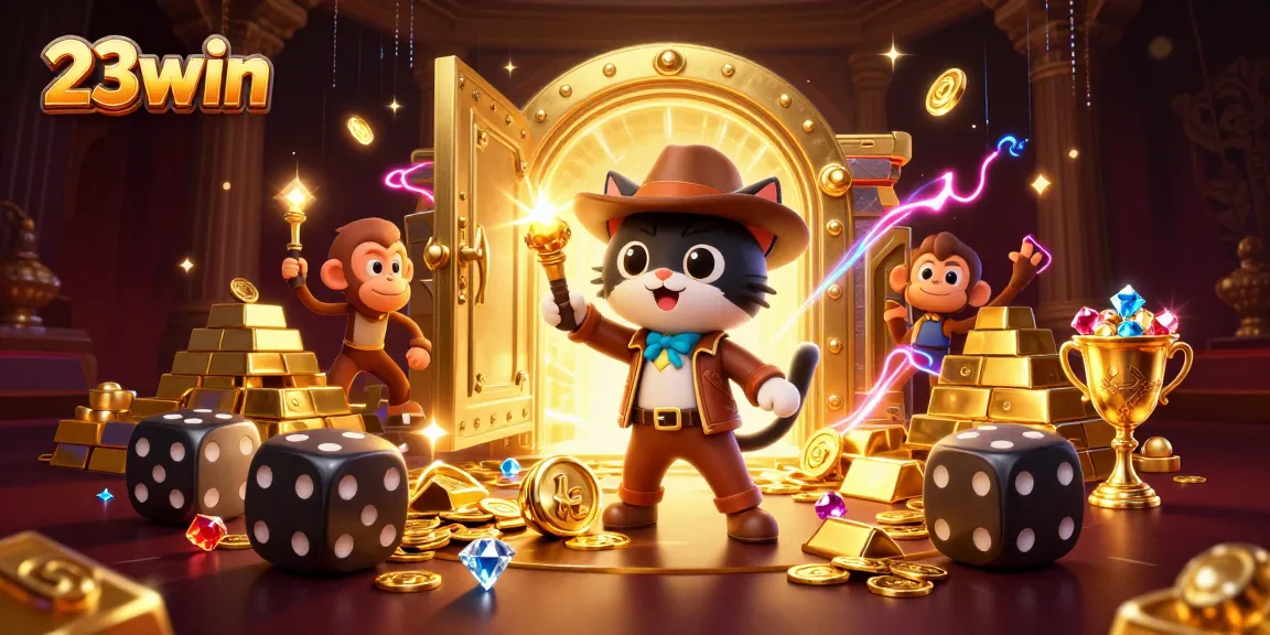Explore 23win's thrilling casino universe as our cat adventurer uncovers treasures surrounded by dynamic gambling artifacts.