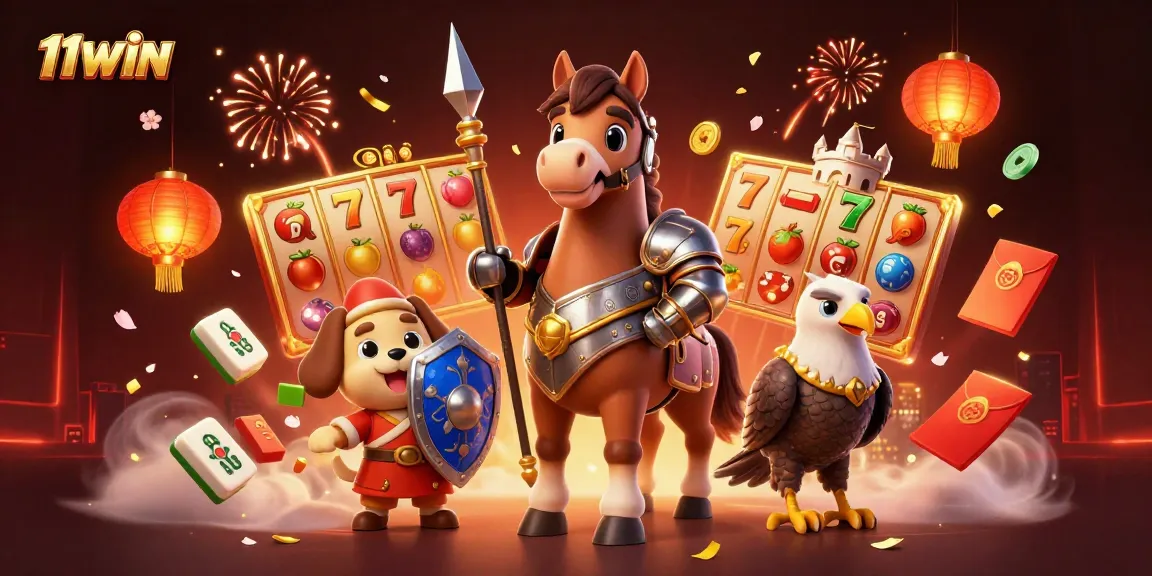Engage with 11WIN at a vibrant casino scene featuring a knight, squire, and falcon amid slot reels.