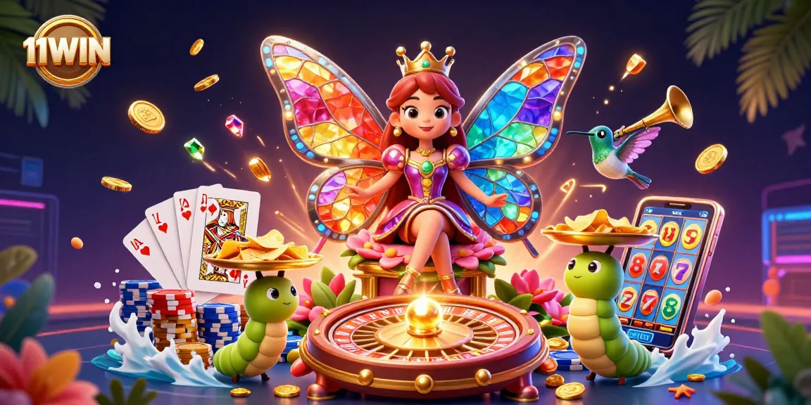 Engage in vibrant casino excitement with 11WIN featuring a butterfly queen amidst gaming treasures.