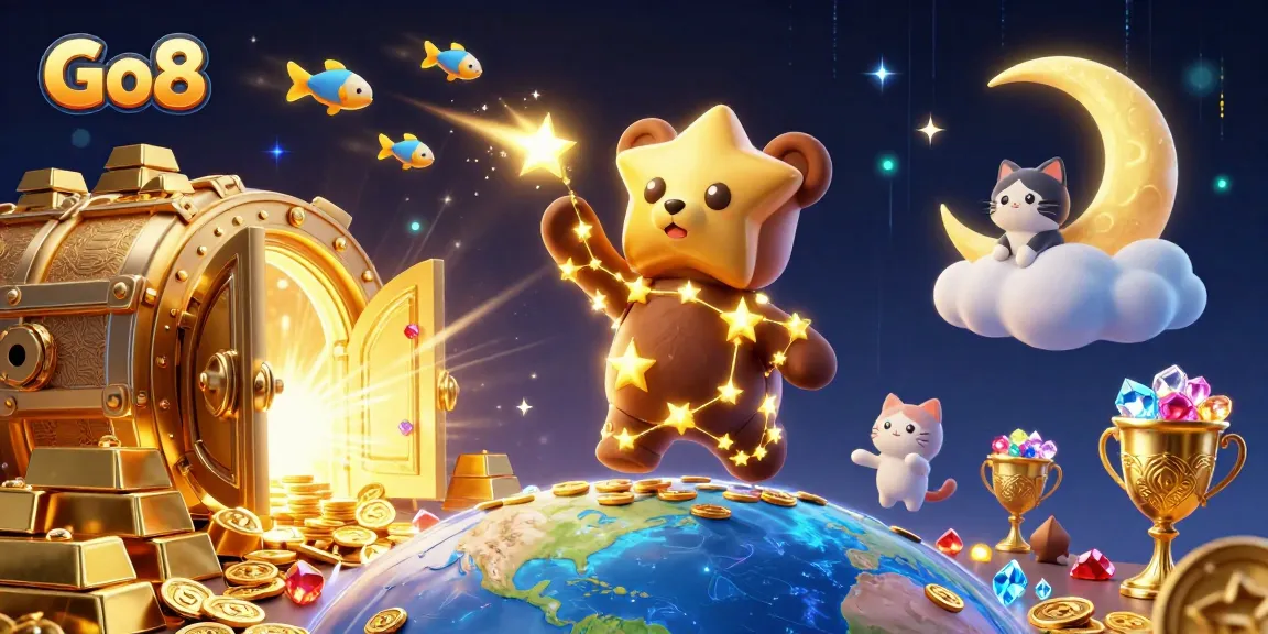 Engage in thrilling gameplay with Go8, where a constellation bear scoops coins amidst dazzling treasures.