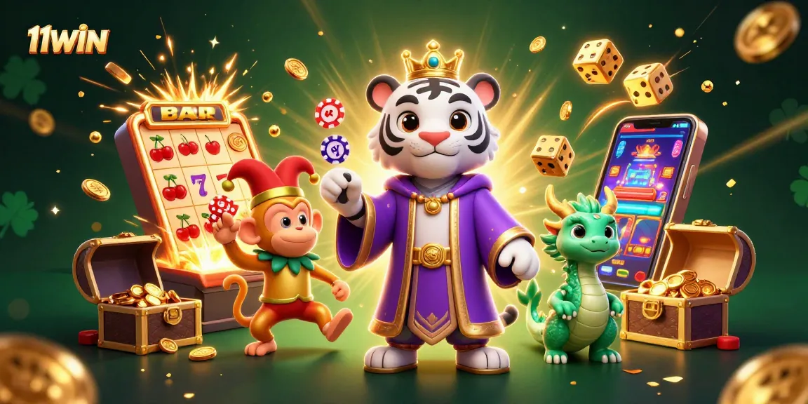 11WIN showcases a vibrant scene with a royal tiger, playful monkey, and dragon amidst dynamic casino elements.
