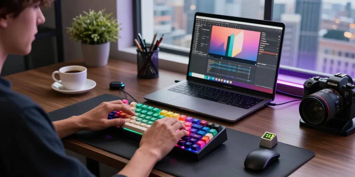 Customizing a vibrant 75% keyboard in a modern tech workspace with colorful keycaps and RGB lighting.