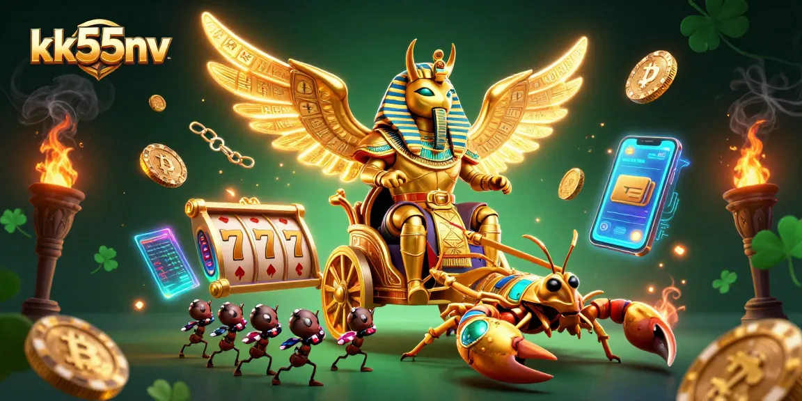 Experience thrilling gameplay at kk55nv with a colossal golden scarab and vibrant slot reels.
