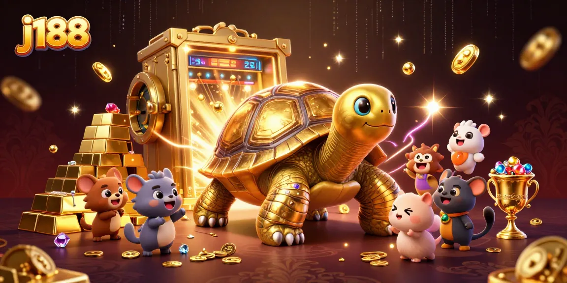 Feel the thrill with j188's exciting 3D casino scene packed with golden treasures and vibrant characters.