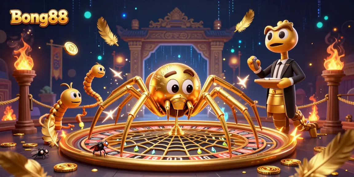 Spin winning bets with Bong88 at the dynamic roulette wheel web, featuring colorful characters and casino elements.