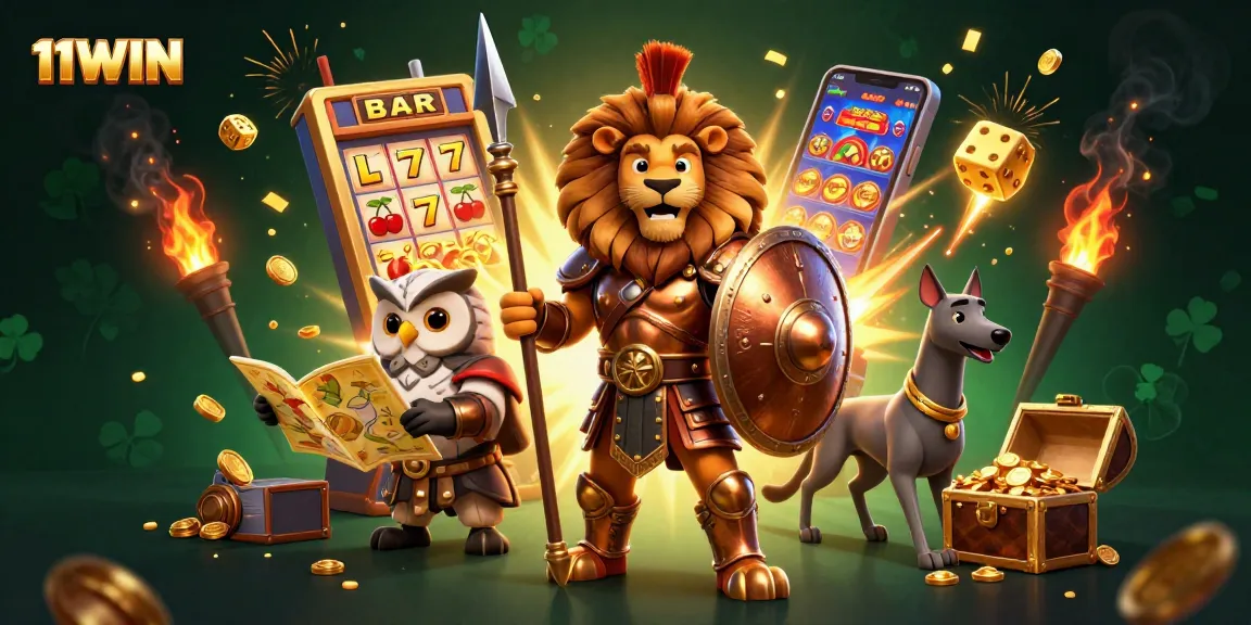 Engage with 11WIN's thrilling casino scene featuring a Spartan lion, an owl strategist, and a greyhound amidst jackpot winnings.