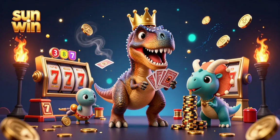 Experience the excitement of sun win with a T-Rex shuffling cards and a baby triceratops stacking chips in this vibrant casino scene.