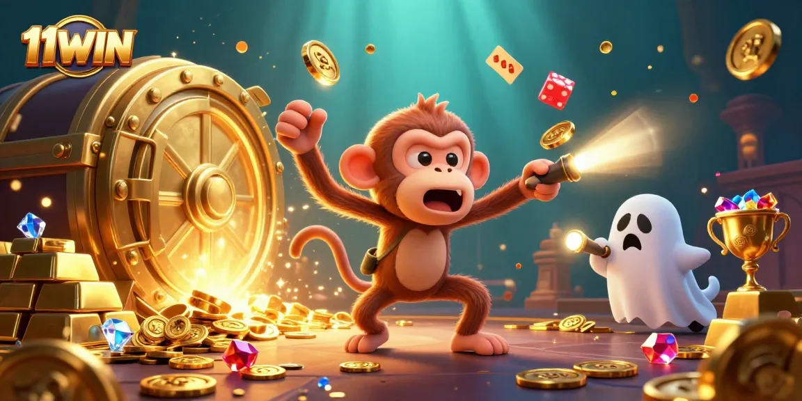 Engage with 11WIN's thrilling casino adventure featuring a playful poltergeist monkey and ghost-hunter puppy.