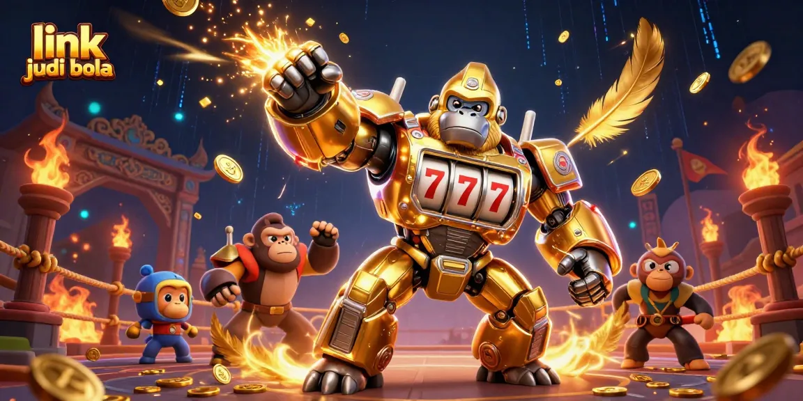 Spin to win with link judi bola: a dynamic 3D illustration featuring a golden gorilla mech and vibrant casino elements.