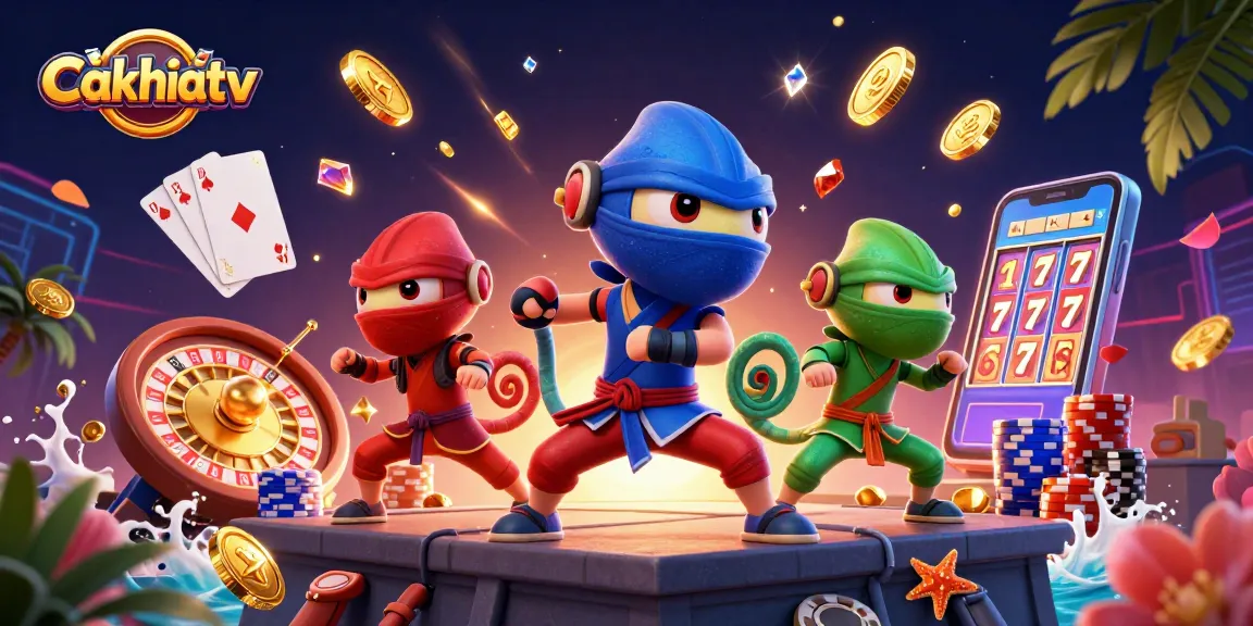 Cakhiatv showcases a ninja chameleon trio performing martial arts amidst dynamic casino elements.