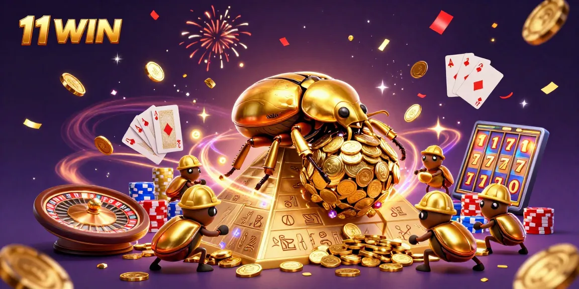 Engage with thrilling 11WIN casino action as a golden beetle rolls coins in an electrifying scene.