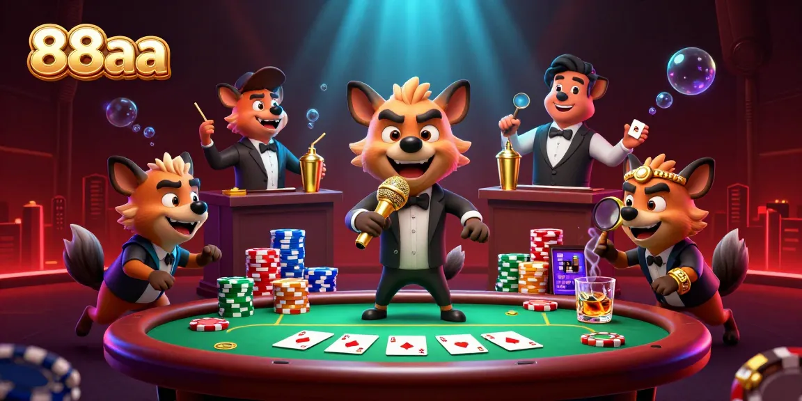 88aa hyena characters create a lively casino scene with poker elements, showcasing vibrant energy.