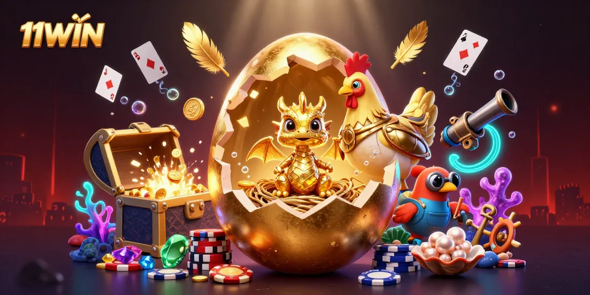 Win big with 11WIN at a visual spectacle featuring a golden dragon and poker chips.