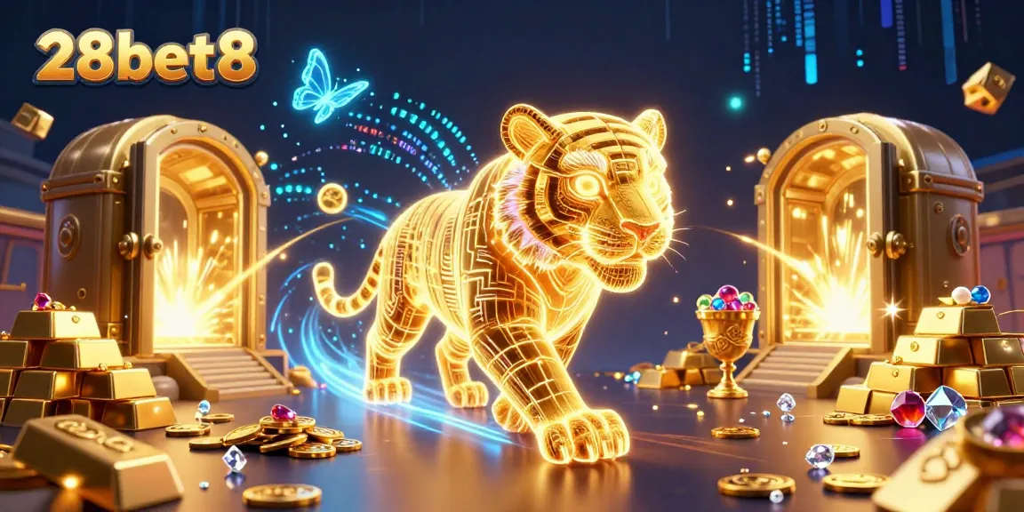 Experience the thrill of 28bet8 with vibrant energy in this digital casino scene filled with sparkling treasures.