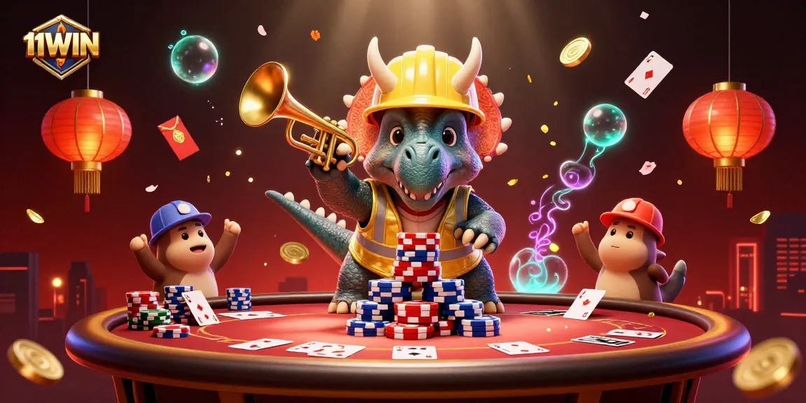 Engage in winning strategies with 11WIN as 3D characters celebrate poker prowess.