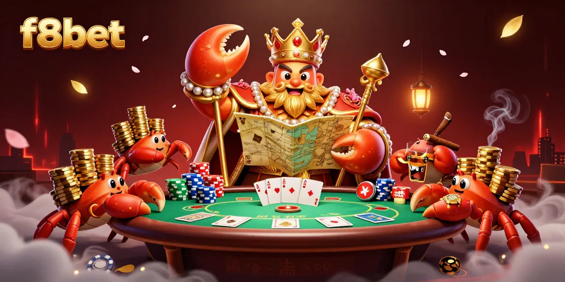 Experience f8bet with a golden crab emperor guiding players through a lavish poker scene.