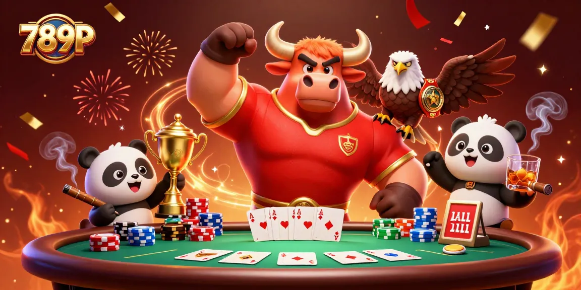 Engage in thrilling gaming at 789P with a vibrant scene showcasing a bull mascot celebrating victory among poker riches.