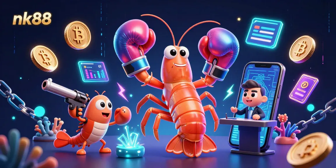 Engage with nk88's vibrant casino scene featuring animated sea creatures and crypto elements.