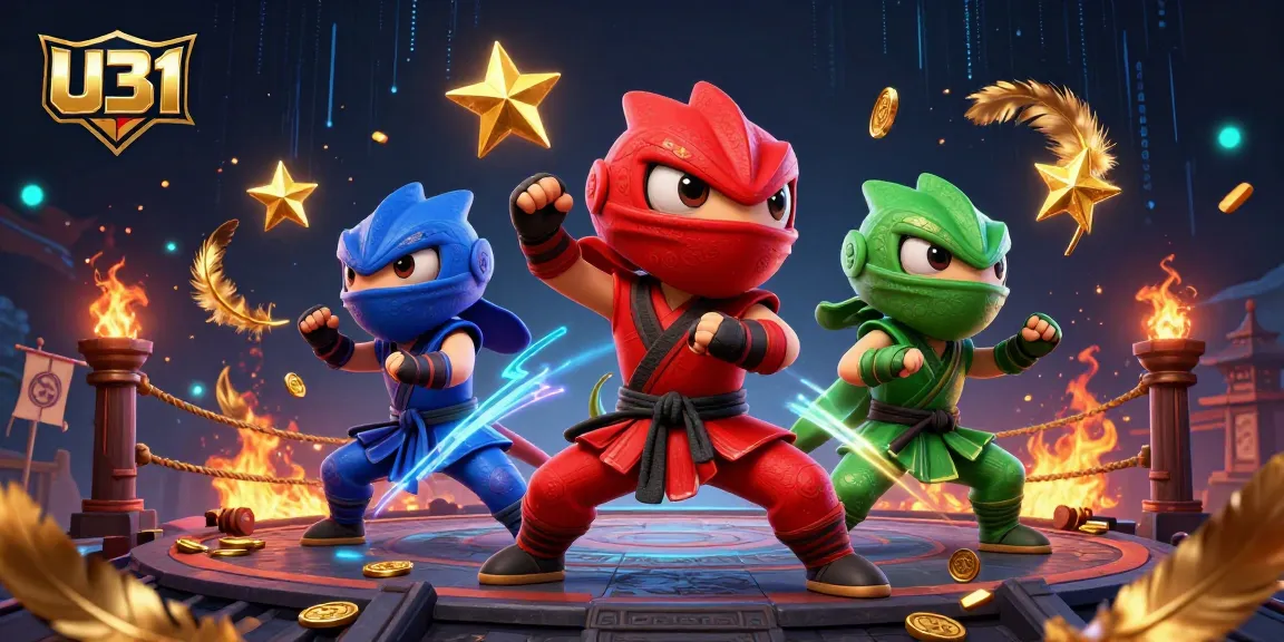 Engage with U31 online casino action featuring ninja chameleons in an energetic gaming arena.