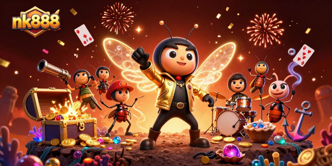 Experience the thrill of nk888 casino with a vibrant 3D scene featuring a rock star cicada and exciting game elements.