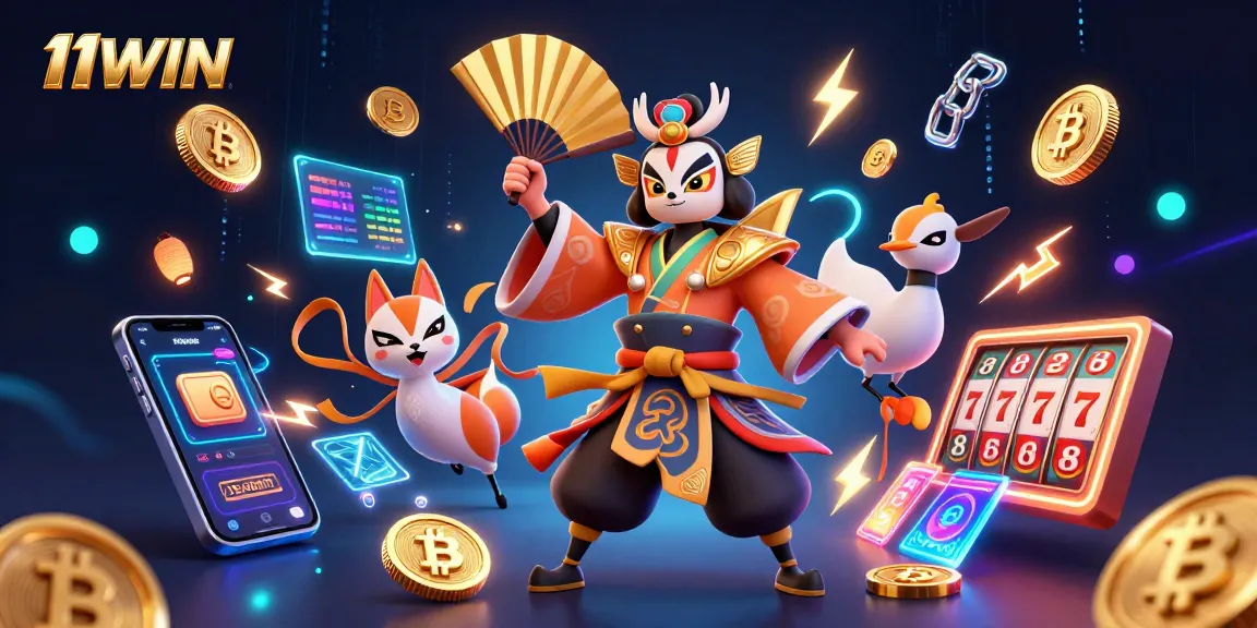 Engage in 11WIN with vibrant casino-themed 3D art featuring kabuki warrior and crypto elements.