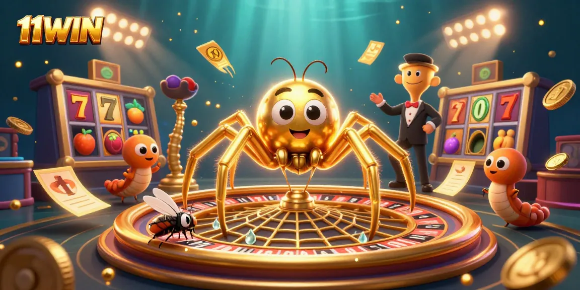 Experience thrilling gaming at 11WIN as a golden spider spins a roulette wheel in a vibrant casino scene.