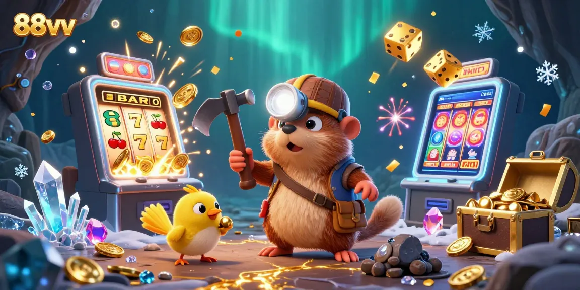 Experience the 88vv casino thrill with a treasure hunter and vibrant slot machine in a dynamic scene.
